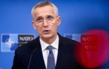 Le secrétaire général de l'Otan Jens Stoltenberg s'expirme lors d'une conférence de presse à Bruxelles le 3 avril 2023