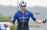 La joie de Rémi Cavagna, après avoir remporté le titre de champion de France sur route, le 20 juin 2021 à Epinal