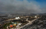 Vue aérienne des environs carbonisés du village de Kiotari, sur l'île de Rhodes, en Grèce, le 24 juillet 2023