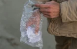 Le "beachcomber" belge Aäron Fabrice de Kisangani range dans un sac en plastique des documents abandonnés par les migrants sur la plage de Gravelines, dans le nord de la France, le 26 mars 2025