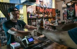 Un barman sert un client au "Flying V", un bar heavy metal à Singapour, le 2 mai 2024