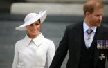 Le prince Harry et sa femme Meghan à la sortie de la cathédrale Saint-Paul après le service religieux du Jubilé de la reine Elizabeth II, le 3 juin 2022 à Londres