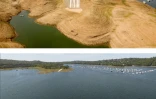 Une rampe pour bateaux sur le lac Oroville, en Californie, le 5 septembre 2021 (en haut), et le 16 avril 2023 (en bas)