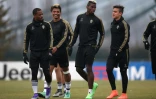 Les joueurs de la Juventus Patrice Evra, Mario Lemina, Paul Pogba et Paulo Dybala, à l'entraînement le 22 février 2016 à Vinovo