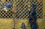 Un membre des services de sécurité en faction devant un temple, le 14 septembre 2025 à Katmandou 
