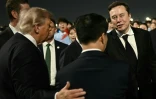 Le président américain Donald Trump (au centre) présente Elon Musk (à droite), PDG de SpaceX, Twitter et du constructeur de voitures électriques Tesla, au vice-président chinois Han Zheng à l'aéroport international de Pékin, le 13 mai 2026