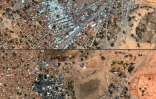 Photomontage d'images satellite montrant la zone du marché près d'une entrée du camp de Zamzam, dans la région soudanaise du Darfour, le 14 janvier 2025 (en haut) et le 13 février 2025 (en bas), après une attaque