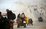Des Palestiniens fuient avec leurs biens le nord de la bande de Gaza vers le sud, via la route de Salaheddine, près du camp de réfugiés de Nousseirat, le 20 mars 2025
