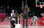 Le robot basketteur CUE à la mi-temps du match entre la France et les Etats-Unis, comptant pour les Jeux olympiques 2020 le 25 juillet 2021 à Saitama