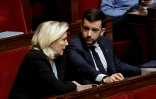 La présidente des députés RN Marine Le Pen et le député RN Jean-Philippe Tanguy à l'Assemblée nationale le 27 octobre à Paris