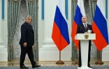Le président russe Vladimir Poutine et le Premier ministre hongrois Viktor Orban, lors d'une conférence de presse le 5 juillet 2024 au Kremlin à Moscou