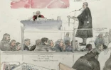 Croquis d'audience réalisé le 26 novembre 2024 montrant le président de la cour criminelle de Vaucluse Roger Arata (en haut au centre) et l'avocat général  Jean-Francois Mayet (d) pendant le procès de viols de Mazan