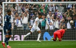L'attaquant brésilien Rodrygo ouvre le score pour le Real Madrid face à l'Espanyol Barcelone, lors de la 34e journée de LaLiga, le 30 avril 2022 au Stade Santiago Bernabeu