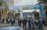 Des visiteurs à l'entrée de l'exposition "La baleine" présentée à l'occasion de la Conférence des Nations unies sur les océans au Parc des expositions de Nice, le 2 juin 2025