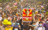 Photo diffusée le 1er avril 2021 par une source anonyme via Facebook d'une manifestation à Monywa contre le coup d'Etat militaire en Birmanie