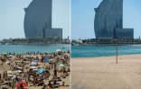 La plage de Barceloneta, à Barcelone, le 21 août 2017 (gauche), et le 13 mai 2020 (droite)