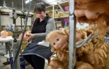 Une employée de Petitcollin travaille sur le positionnement des yeux d'une poupée dans l'atelier de fabrication, le 29 novembre 2019 à Etain, dans la Meuse