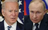 Montage réalisé le 6 décembre 2021 montrant le président américain Joe Biden à Washington le 18 novembre 2021, et le président russe Vladimir Poutine à Moscou le 4 décembre 2021