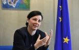 La commissaire européenne à la Justice Vera Jourova lors d'un entretien accordé à l'AFP le 15 mai 2018, à Bruxelles