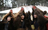 Des roumains vêtus de peaux d'ours dansent dans les rues de Comanesti, le 30 décembre 2016 lors d'un défilé pour chasser les mauvais esprits de l'année écoulée