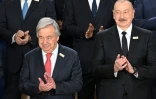 Le secrétaire général des Nations unies, Antonio Guterres, et le président de l'Azerbaïdjan, Ilham Aliev, le 12 novembre 2024 à Bakou lors d'un sommet de dirigeants à la COP29