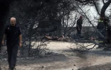 Des secouristes près des corps calcinés d'habitants de Mati, en Grèce, qui ont tenté en vain d'échapper à l'incendie qui a ravagé la ville, le 24 juillet 2018