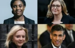 Combinaison de photographies des quatre candidats, à la date du 18 juillet 2022, à la succession de Boris Johnson au Royaume-Uni : de gauche à droite et de haut en bas : Kemi Badenoch, Penny Mordaunt, Liz Truss et Rishi Sunak
