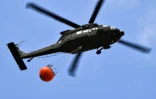 Un hélicoptère de l'armée tunisienne transporte un réservoir d'eau pour aider à lutter contre les incendies, le 26 juillet 2023
