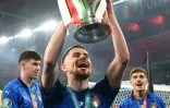 La joie du milieu de terrain italien Jorginho, après la victoire de la Squadra Azzurra face à l'Angleterre, (1-1, 3-2 t.a.b.) en finale de l'Euro, le 12 juillet 2021 au Stade de Wembley à Londres