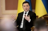 Photo fournie par la présidence ukrainienne le 28 janvier 2022 montrant le chef de l'Etat ukrainien Volodymyr Zelensky en conférence de presse à Kiev