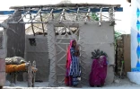 Une hutte conçue pour résister aux inondations en cours de construction au village de Sanjar Chang, le 8 avril 2023 à Tando Allahyar, au Pakistan