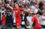 L'attaquant danois Mikkel Damsgaard célèbre son but contre l'Angleterre en demi-finale de l'Euro le 7 juillet 2021