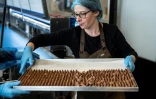 Une employée porte un plateau de "Gianduiotto", célèbre friandise chocolatée en forme de lingots, le 12 décembre 2023 à Giaveno, près de Turin, dans le nord-ouest de l'Italie