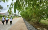 Des visiteurs marchent le 1er août 2025 dans le parc urbain d'Akouédo à Abidjan, construit sur le site d'une ancienne décharge