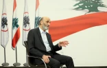 Samir Geagea, chef du parti chrétien des Forces libanaises, lors d'une interview à sa résidence de Maarab, au nord de la capitale Beyrouth, le 20 mai 2022
