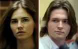 (ARCHIVES) Photo de Raffaele Sollecito (D) durant une conférence de presse le 1er juillet 2014 à Rome, et Amanda Knox (G) en arrivant au tribunal à Pérouse, le 30 septembre 2011