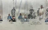 Croquis d'audience des accusés (g-d) Enkeledja Zace, Artan Henaj, Maksim Celaj, Chokri Chafroud, Endri Elezi, Ramzi Arefa et Mohamed Ghraieb à la Cour d'assises spéciale, au premier jour du procès de l'attentat de Nice, le 5 septembre 2022 à Paris 