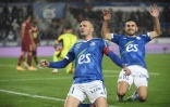 La joie du milieu de terrain strasbourgeois Dimitri Lienard, après avoir marqué le 4e but à domicile face à Bordeaux, lors de la 16e journée de Ligue 1, le 1er décembre 2021 au stade de La Meinau