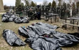 Des corps attendent d'être examinés par les médecins légistes et enquêteurs dans le cimetière de Boutcha, en Ukraine, le 6 avril 2022