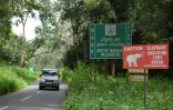 Un panneau avertissant du possible passage d'éléphants sauvages sur une route de la réserve Mudumalai Tiger (Inde) le 17 septembre 2021 