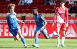 La joie de l'attaquant rémois Nathanaël Mbuku, après avoir marqué, dans le temps additionnel, le but de la victoire, 2-1 face à Monaco, lors de la 26e journée de Ligue 1, le 27 février 2022 au Stade Louis II