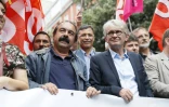 Philippe Martinez (CGT) et Jean-Claude Mailly (FO) lors d'une manifestation contre la loi travail, le 28 juin 2016 à Paris