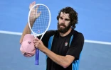 L'Américain Reilly Opelka après avoir battu le Serbe Novak Djokovic, le 3 janvier 2025 à Brisbane