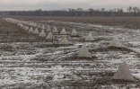 Des rangées de dents de dragon installées à 100 mÚtres devant des tranchées prÚs de Koupiansk, dans la région de Kharkiv, le 29 janvier 2024