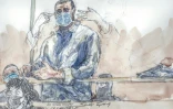Croquis d'audience du principal accusé des attentats de janvier 2015 Ali Riza Polat, et de son avocate Me Isabelle Coutant-Peyre (g), le 26 octobre 2020 au tribuanl de Paris