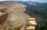Vue aérienne d'un site d'extraction de nickel à la lisière de la forêt où Bokum, un membre de la tribu indigène Hongana Manyawa, patrouille régulièrement, le 16 avril 2025 à East Halmahera, dans le nord des Moluques, en Indonésie