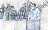 Croquis d'audience du procès des attentats du 13 novembre 2015, réalisé le 6 janvier 2022, montrant les accusés Osama Krayem, Mohamed Abrini, Mohamed Amri et Salah Abdeslam
