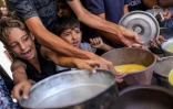 Des enfants palestiniens font la queue pour recevoir des repas d'une  organisation caritative locale à Gaza-ville, le 14 juillet 2025