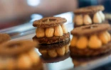 Des pâtisseries pour chiens, appelées "Le Merveilleux", à base de pommes et de bœuf, garnies de crème et de purée de banane, au café pour chiens "Casa del Doggo",le 7 mai 2026 à Paris
