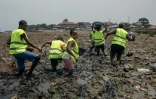 Des habitants de Kolleh Town membres de l'association Nature for Mangroves, en collaboration avec Plan International, peinent à traverser le marais pollué de White Man's Bay, à Freetown, le 11 avril 2026, en Sierra Leone